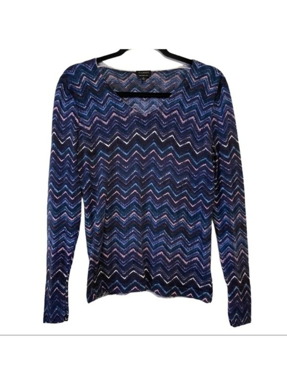 Talbots Merino Wool Sweater Blue V Neck Pullover Zig Zag Women's Size Small